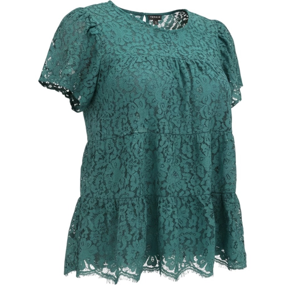 Torrid Teal Green Floral Lace Tiered Babydoll Blouse Short Sleeve Top Size 0 XL
